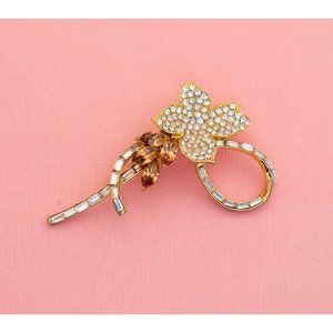 Vintage Art Nouveau Floral Rhinestones Gold Tone Brooch | H28